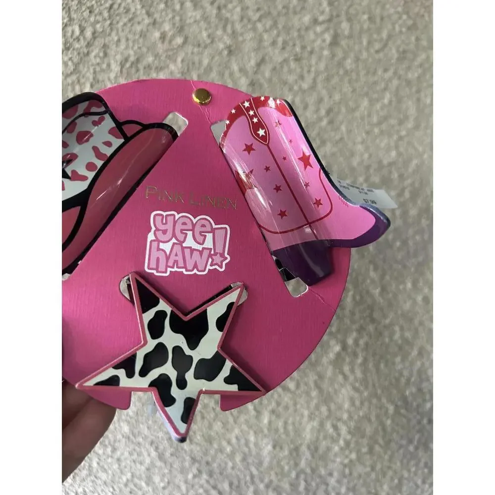Pink Linen Yeehaw Hair Clip Set NWT Cowgirl Western Boot Star Hat Cute Cowprint